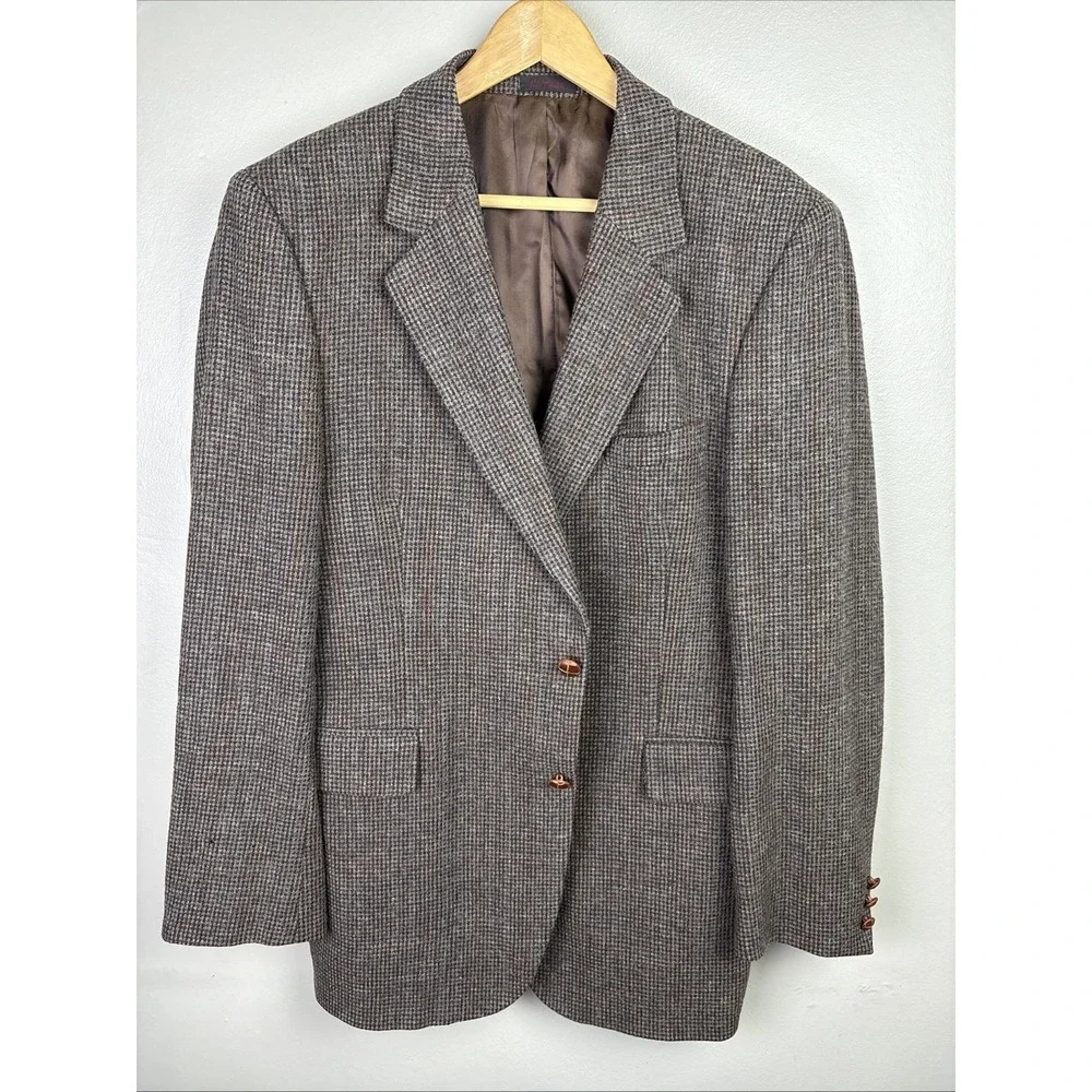 Tweed Style Men's Sport Coat Blazer Two Button Houndstooth Gray Wool Size 42R